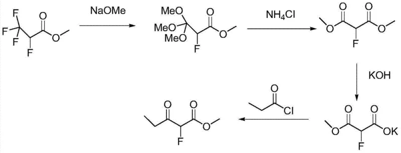 Complex multi-step synthesis route for alpha-fluoro propionyl acetic ester using tetrafluoro precursors