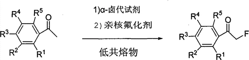 Schematic representation of the one-pot synthesis of alpha-fluoroacetophenone in a eutectic mixture