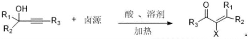 General reaction scheme showing the tandem Meyer-Schuster rearrangement and halogenation of propargyl alcohol derivatives to form alpha-halogenated unsaturated ketones
