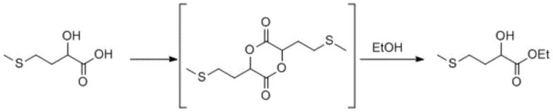Reaction scheme for ethyl 2-hydroxy-4-methylthiobutanoate showing dimerization and esterification steps