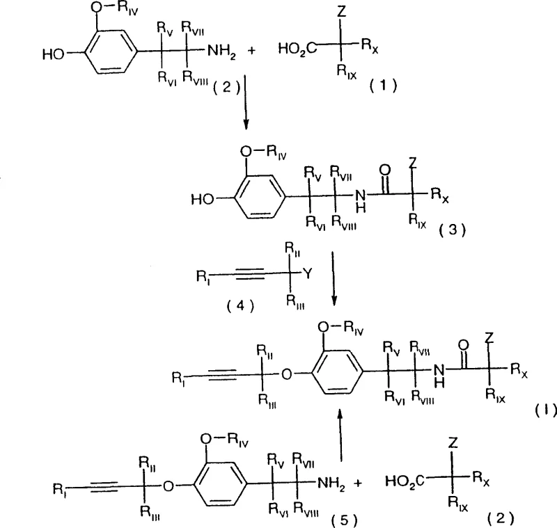 General reaction scheme showing the synthesis of Formula I amides from acid and amine precursors