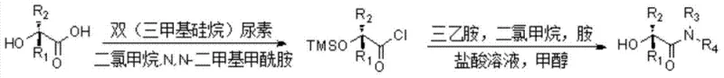Conventional synthesis of alpha-hydroxy amides via acid chloride intermediate requiring protection steps