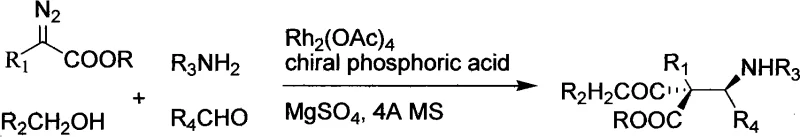 General reaction equation for the one-step four-component synthesis of optically active alpha-hydroxy-beta-amino acids
