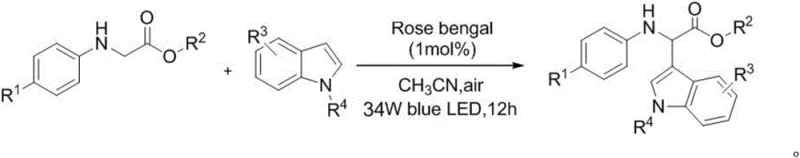 General reaction scheme for the synthesis of alpha-indole glycine derivatives using Rose Bengal photocatalysis