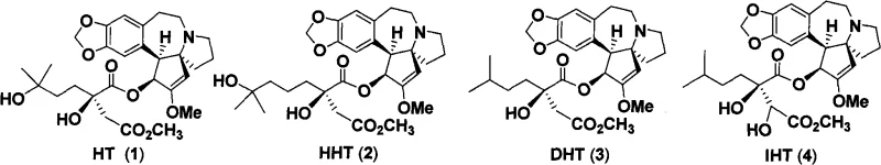 Chemical structures of natural harringtonines including HT, HHT, DHT, and IHT