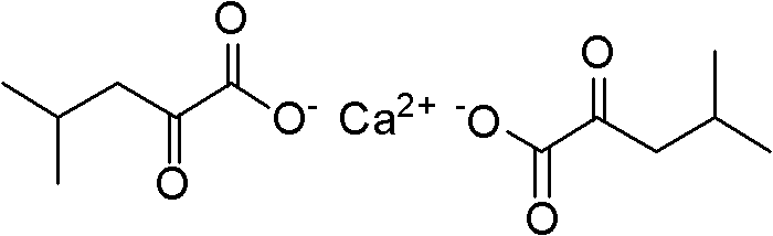 Chemical structure of Alpha-ketoleucine calcium showing the calcium salt coordination with the alpha-keto acid ligand