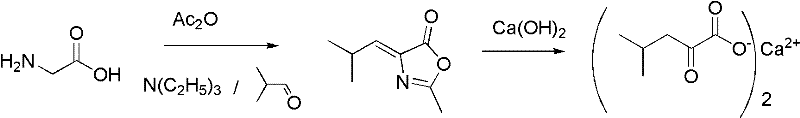 Reaction scheme showing the conversion of glycine to oxazolone intermediate and subsequent hydrolysis to alpha-ketoleucine calcium