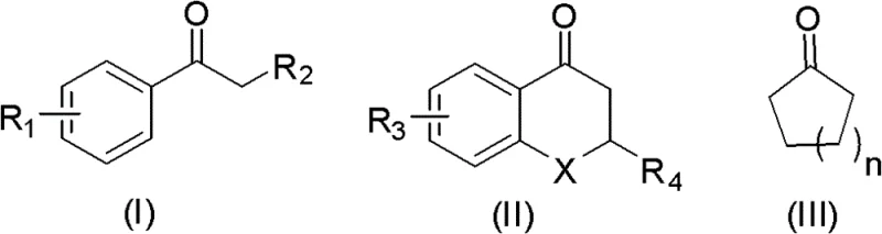 General reaction scheme showing the copper-catalyzed oxidative thiocyanation of various ketone substrates including aromatic and aliphatic ketones