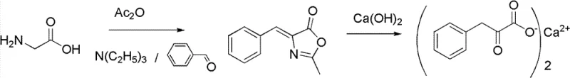 Synthetic route showing one-pot cyclization of glycine derivatives followed by pressurized hydrolysis to form the calcium salt