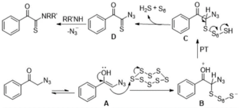 Detailed mechanistic pathway showing enol attack on S8 and C-N bond cleavage