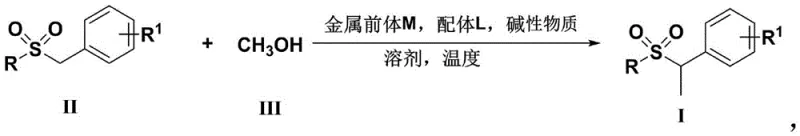 General reaction scheme showing methylation of arylbenzyl sulfone using methanol and metal catalyst