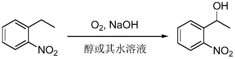 Reaction scheme showing the catalyst-free oxidation of o-nitroethylbenzene to alpha-o-nitrophenylethanol using oxygen and sodium hydroxide