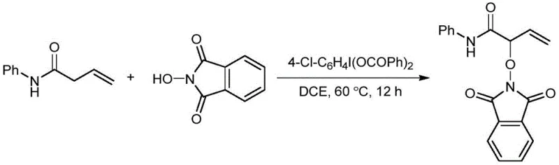 Reaction scheme showing hypervalent iodine mediated alpha-oxidation of N-phenylbut-3-enamide using N-hydroxyphthalimide