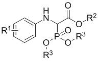 General structural formula of alpha-phosphorylated alpha-amino acid ester compounds showing variable R groups