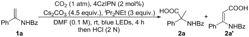 Specific reaction formula showing the conversion of N-(1-phenylvinyl)benzamide to alpha-quaternary amino acid derivatives