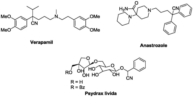 Chemical structures of Verapamil, Anastrozole, and Psydrax livida highlighting the importance of nitrile scaffolds in pharmaceuticals