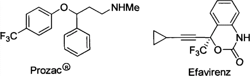 Chemical structures of Prozac and Efavirenz highlighting the importance of trifluoromethyl groups in pharmaceuticals