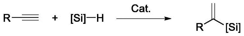 General reaction scheme for heterogeneous cobalt-catalyzed hydrosilylation of alkynes to alpha-vinyl silanes