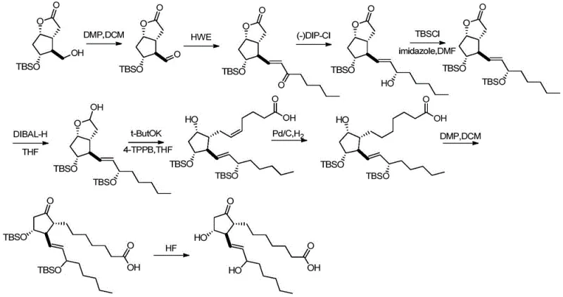 Complex multi-step synthesis route of Alprostadil from Corey Lactone showing hazardous reagents and low atom economy