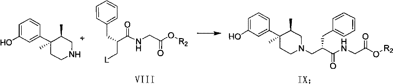 Key coupling reaction step showing the formation of Alvimopan ester (IX) from intermediate VIII and chiral piperidine