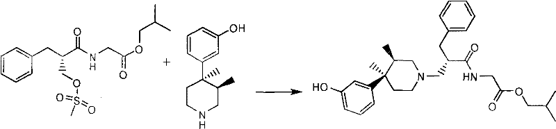 Core synthetic route showing N-alkylation of piperidine derivative with mesylate intermediate followed by hydrolysis