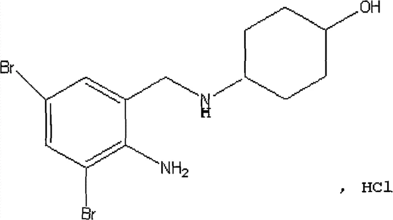 Chemical structure of Ambroxol Hydrochloride showing the trans-4-[(2-amino-3,5-dibromobenzyl)amino]cyclohexanol hydrochloride configuration