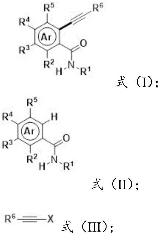 General reaction scheme showing direct C-H alkynylation of amides Formula II with alkynes Formula III to produce Formula I