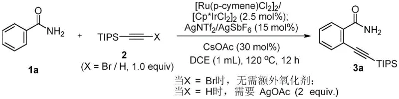 Specific example of benzamide alkynylation yielding 2-((triisopropylsilyl)acetylene)benzamide