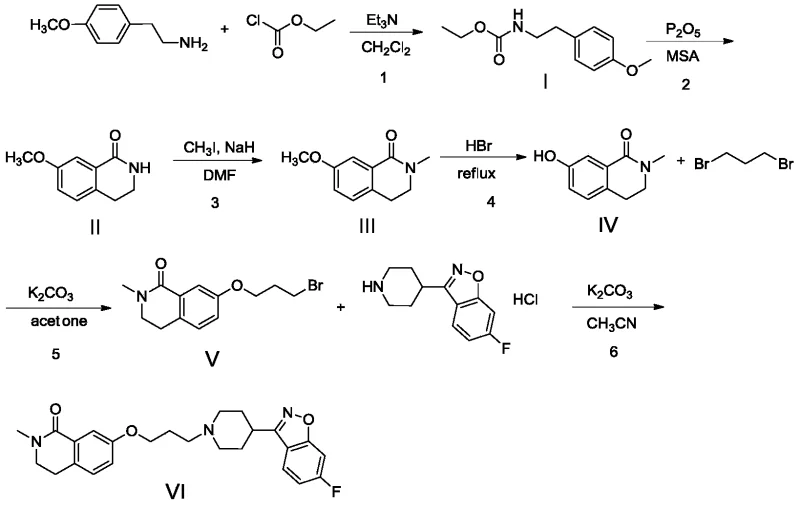 Prior art synthetic route showing hazardous HBr demethylation and dibromopropane usage