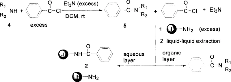 General reaction scheme for amide synthesis showing the reaction of amine with benzoyl chloride and subsequent scavenging