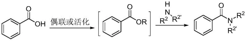 Conventional amide synthesis via carboxylic acid activation showing coupling reagents and byproduct formation