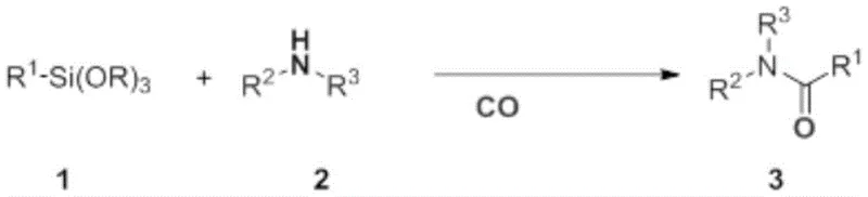 General reaction scheme showing aryl silane (R¹-Si(OR)₃) reacting with amine (R²-NH-R³) under CO pressure to form secondary/tertiary amide (R²-N(R³)-C(O)-R¹) using palladium catalyst