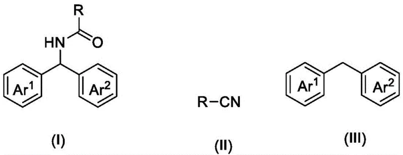 General reaction scheme showing the conversion of diarylmethane and nitrile to amide compounds using DDQ and TBN catalysts