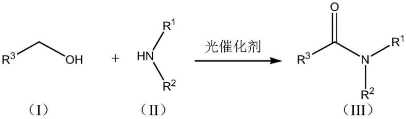 General reaction scheme for photocatalytic synthesis of amides from benzyl alcohol and amines using metal-loaded P-C3N4