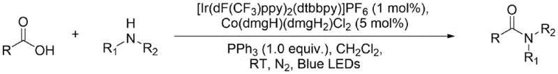 General reaction scheme for amide synthesis from carboxylic acids and amines using Ir/Co dual catalysis