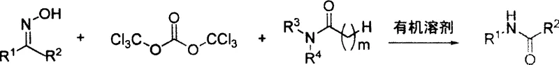 Complete reaction equation showing the conversion of ketoximes to amides using BTC and N,N-disubstituted amides