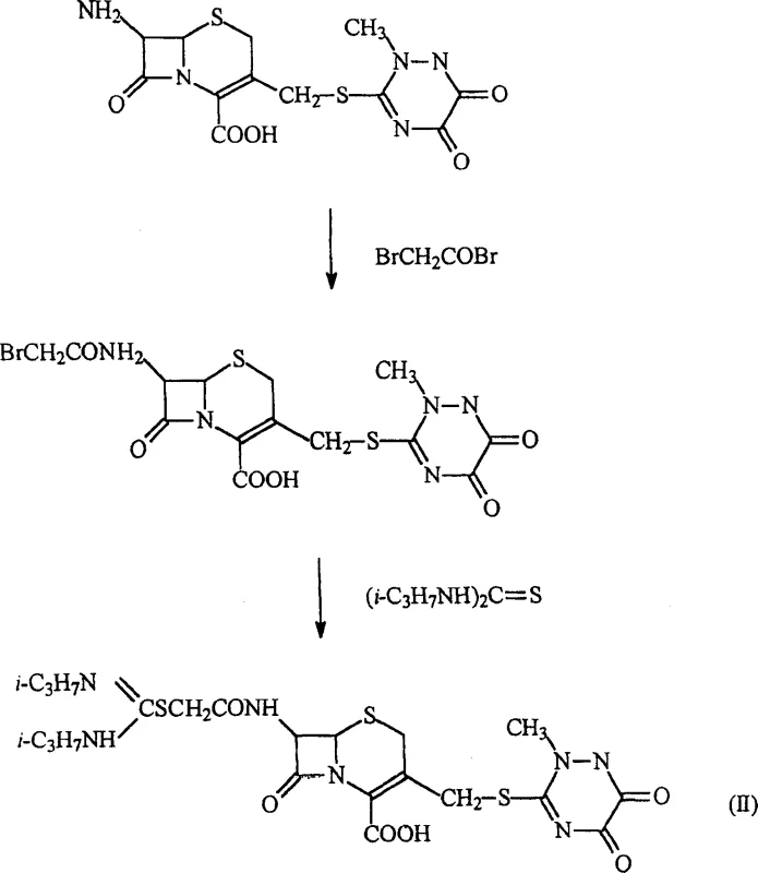 Reaction scheme showing the conversion of 7-ACT to the amidinothioacetamide derivative via bromoacetylation
