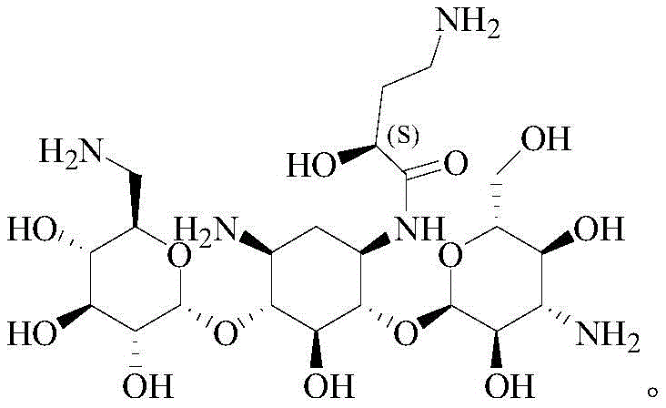 Chemical structure of Amikacin showing the core aminoglycoside scaffold