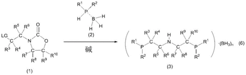 General synthesis scheme of N,N-bis(2-dialkylphosphinoethyl)amine-borane complex from oxazolidinone and phosphine-borane