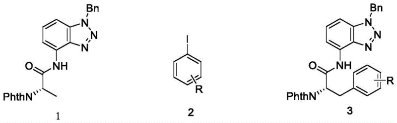 General reaction scheme showing Compound 1 reacting with Compound 2 to form amino acid derivative Compound 3 via Pd-catalysis