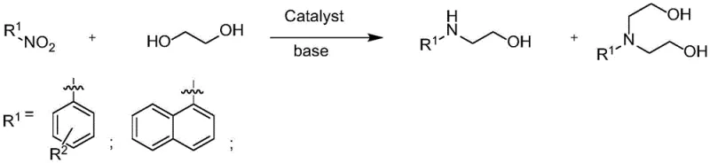 General reaction scheme showing the selective conversion of nitroarenes and ethylene glycol to N-hydroxyethyl or N,N-dihydroxyethyl arylamines using an iridium catalyst