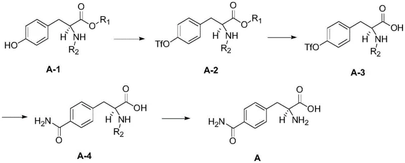 General synthetic route from chiral starting material A-1 to target product A via intermediates A-2, A-3, and A-4