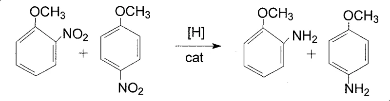 Chemical equation showing the catalytic hydrogenation of nitroanisole mixture to aminoanisole