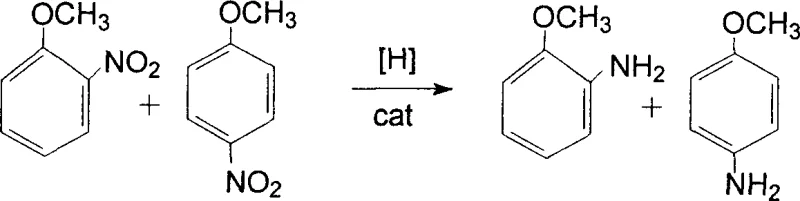 Chemical reaction scheme showing the catalytic hydrogenation of nitroanisole mixture to aminoanisole mixture
