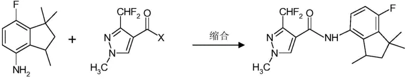 Synthetic route showing the condensation of Compound II to form the fungicidal Compound I