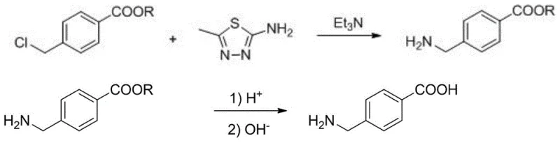 Reaction scheme showing the two-step synthesis of aminomethylbenzoic acid from 4-halomethyl benzoate using thiadiazole mediation