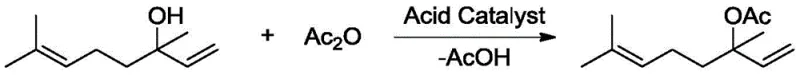 Acid catalyzed esterification of linalool showing potential side reactions