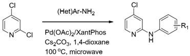 Prior art Pd-catalyzed amination showing low yield and solvent usage