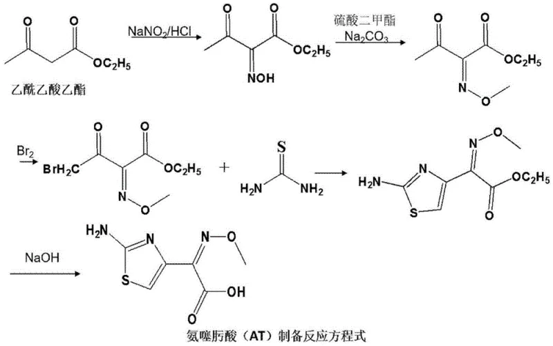 Reaction scheme showing the synthesis of aminothiazolyloxime from ethyl acetoacetate via oximation, methylation, halogenation, and cyclization