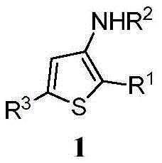 General molecular structure formula showing variable R groups at positions R¹ R² R³ in synthesized aminothiophene derivatives